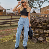 Denim Washed Multi Pocket Overalls Trousers Casual Pants